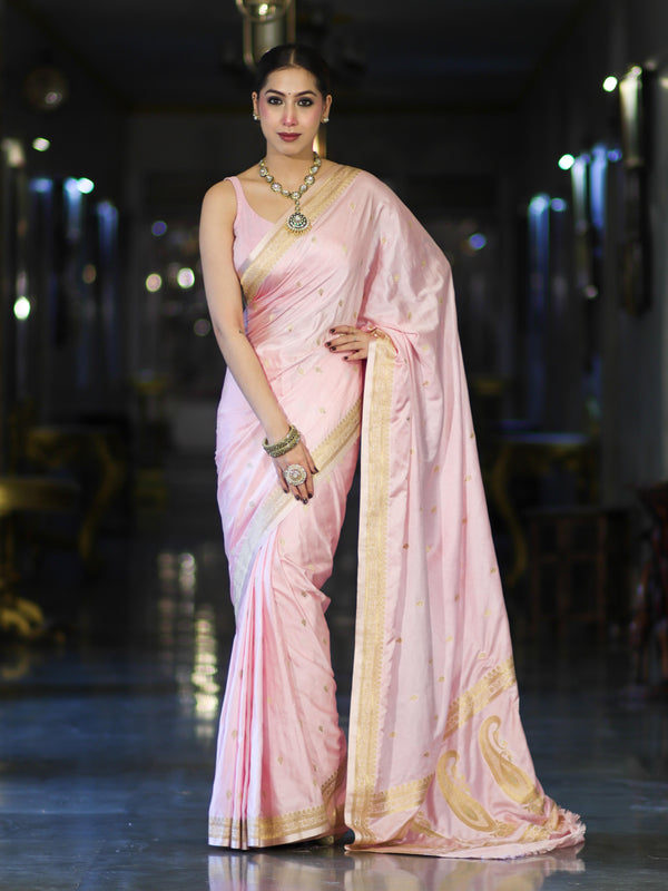Banarasee Mashru Silk Saree With Zari Motifs & Floral Border-Light Pink