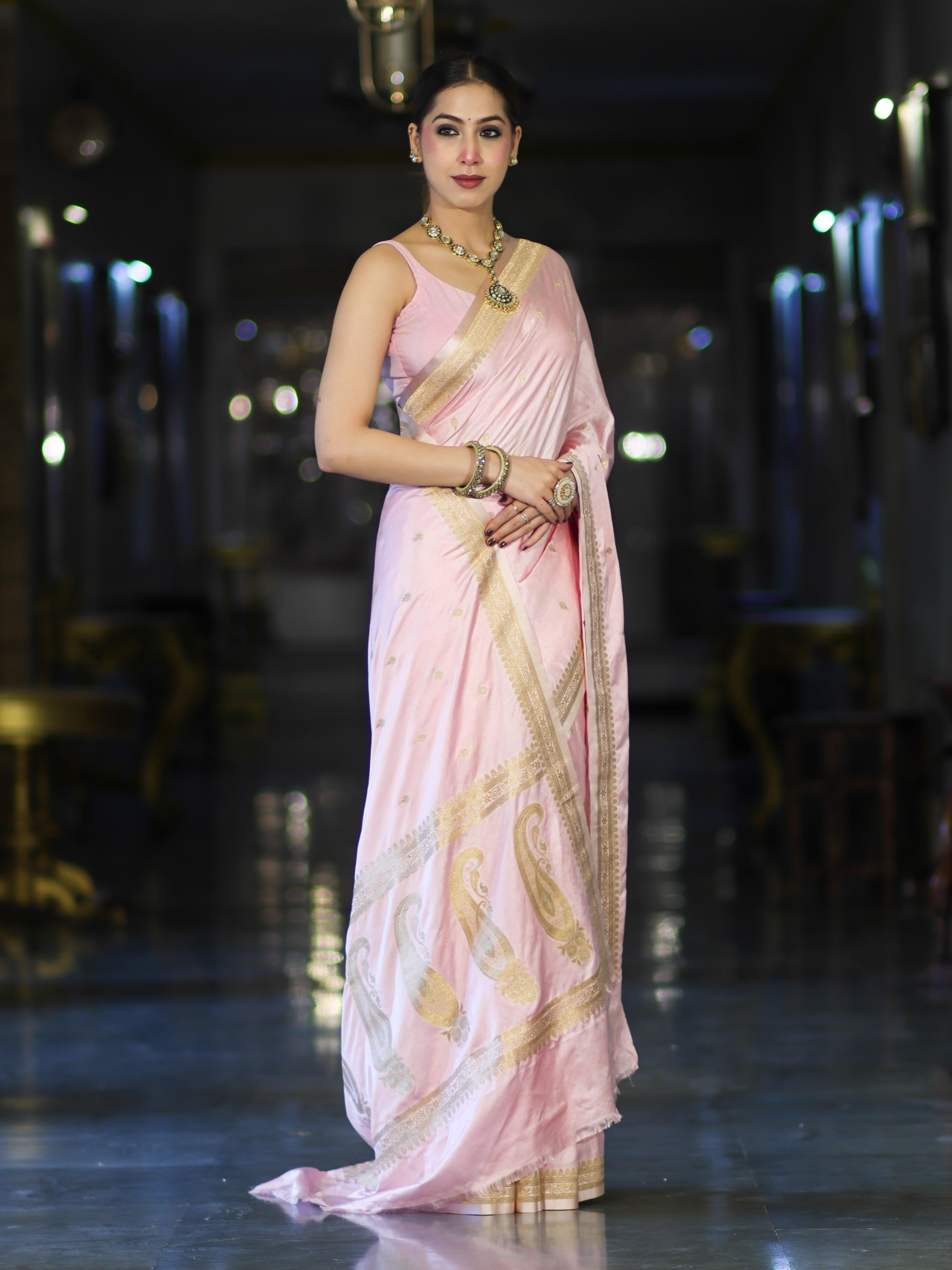 Banarasee Mashru Silk Saree With Zari Motifs & Floral Border-Light Pink