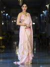 Banarasee Mashru Silk Saree With Zari Motifs & Floral Border-Light Pink