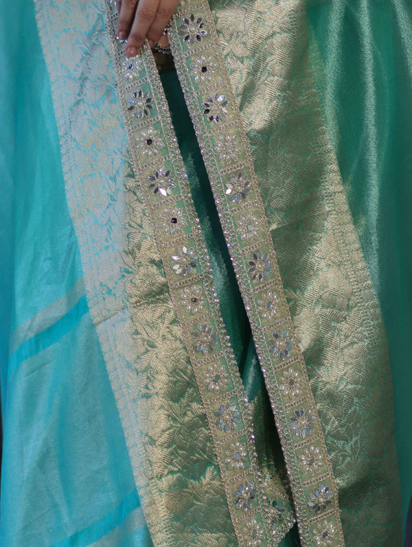 Banarasee Handloom Dual Shade Tissue Saree With Zari Border & Lace-Pastel Green