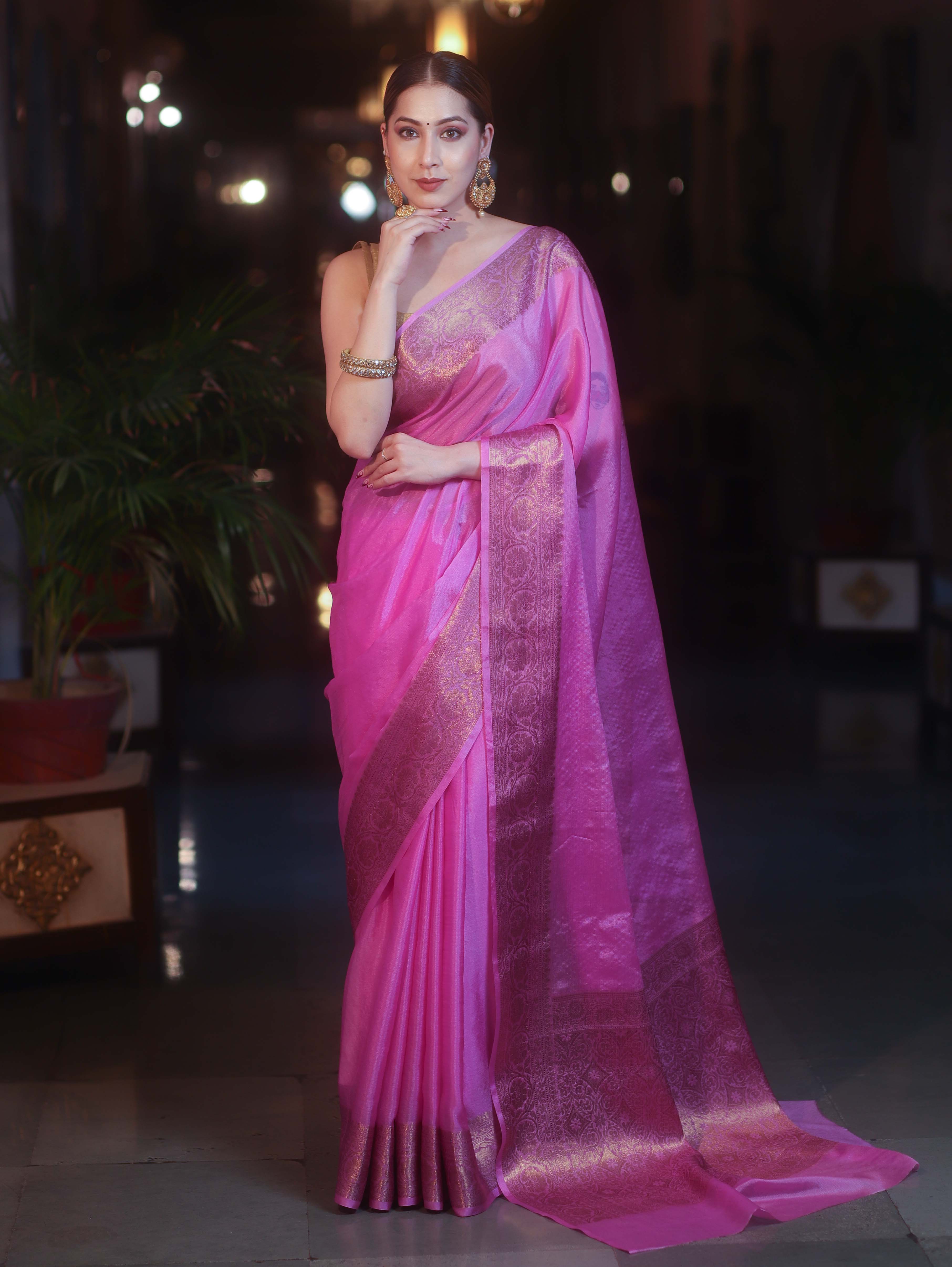 Banarasee Handwoven Semi Silk Plain Saree With Antique Zari Border-Pink