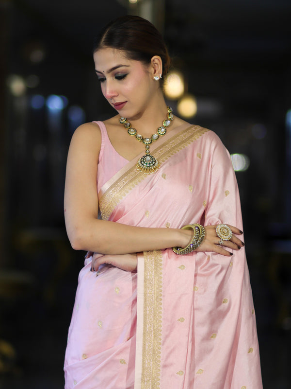 Banarasee Mashru Silk Saree With Zari Motifs & Floral Border-Light Pink