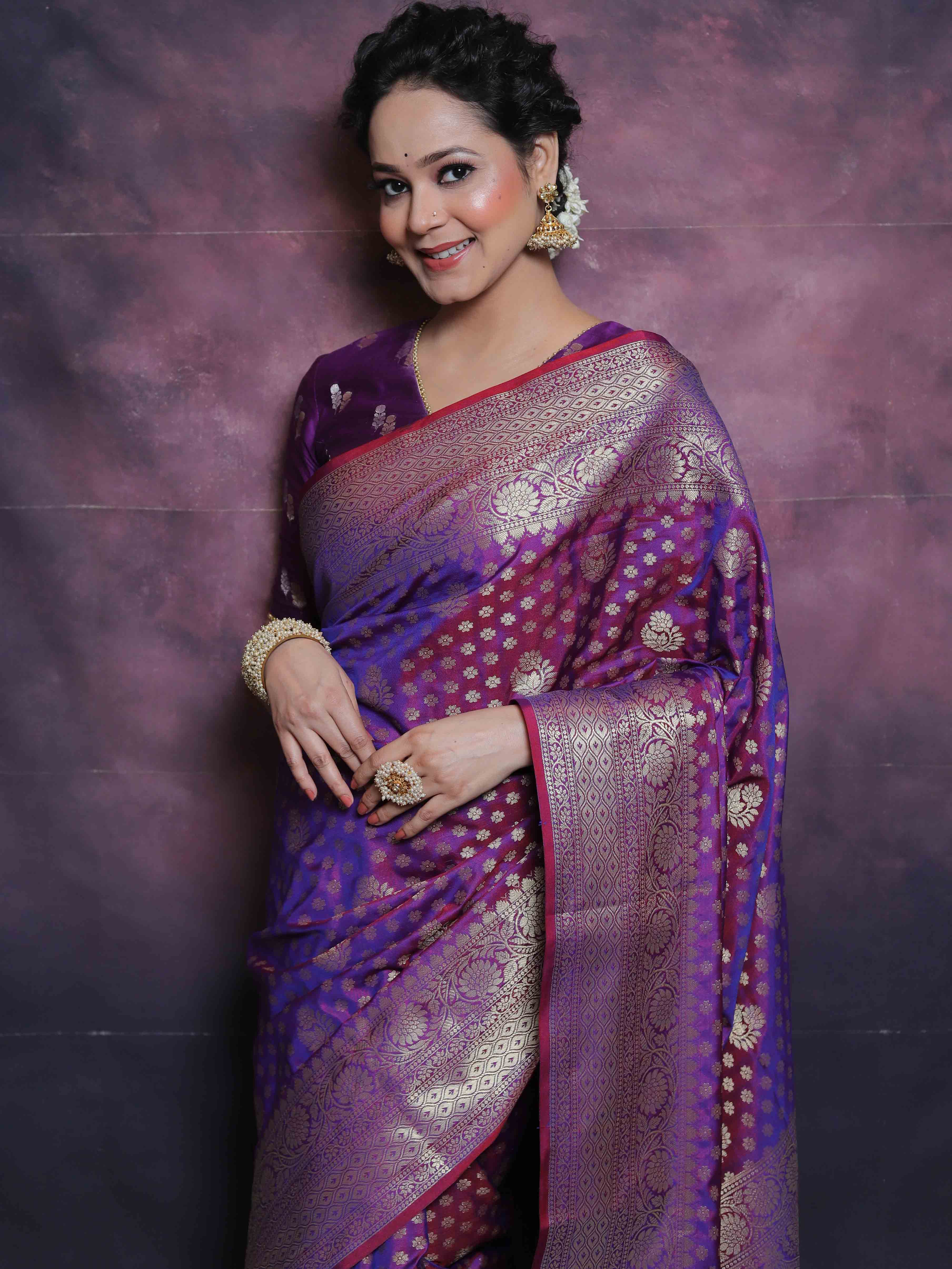Banarasee Handwoven Semi Silk Saree With Zari Buti Design-Violet