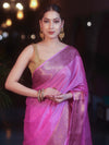 Banarasee Handwoven Semi Silk Plain Saree With Antique Zari Border-Pink