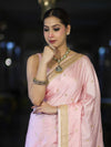 Banarasee Mashru Silk Saree With Zari Motifs & Floral Border-Light Pink