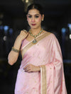 Banarasee Mashru Silk Saree With Zari Motifs & Floral Border-Light Pink