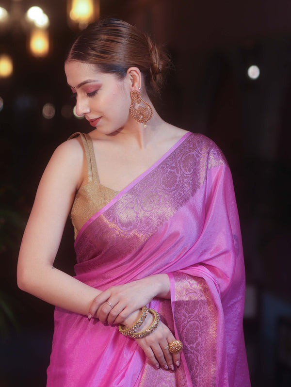 Banarasee Handwoven Semi Silk Plain Saree With Antique Zari Border-Pink