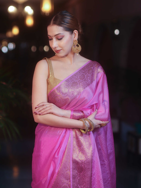 Banarasee Handwoven Semi Silk Plain Saree With Antique Zari Border-Pink