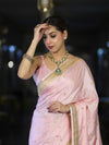 Banarasee Mashru Silk Saree With Zari Motifs & Floral Border-Light Pink