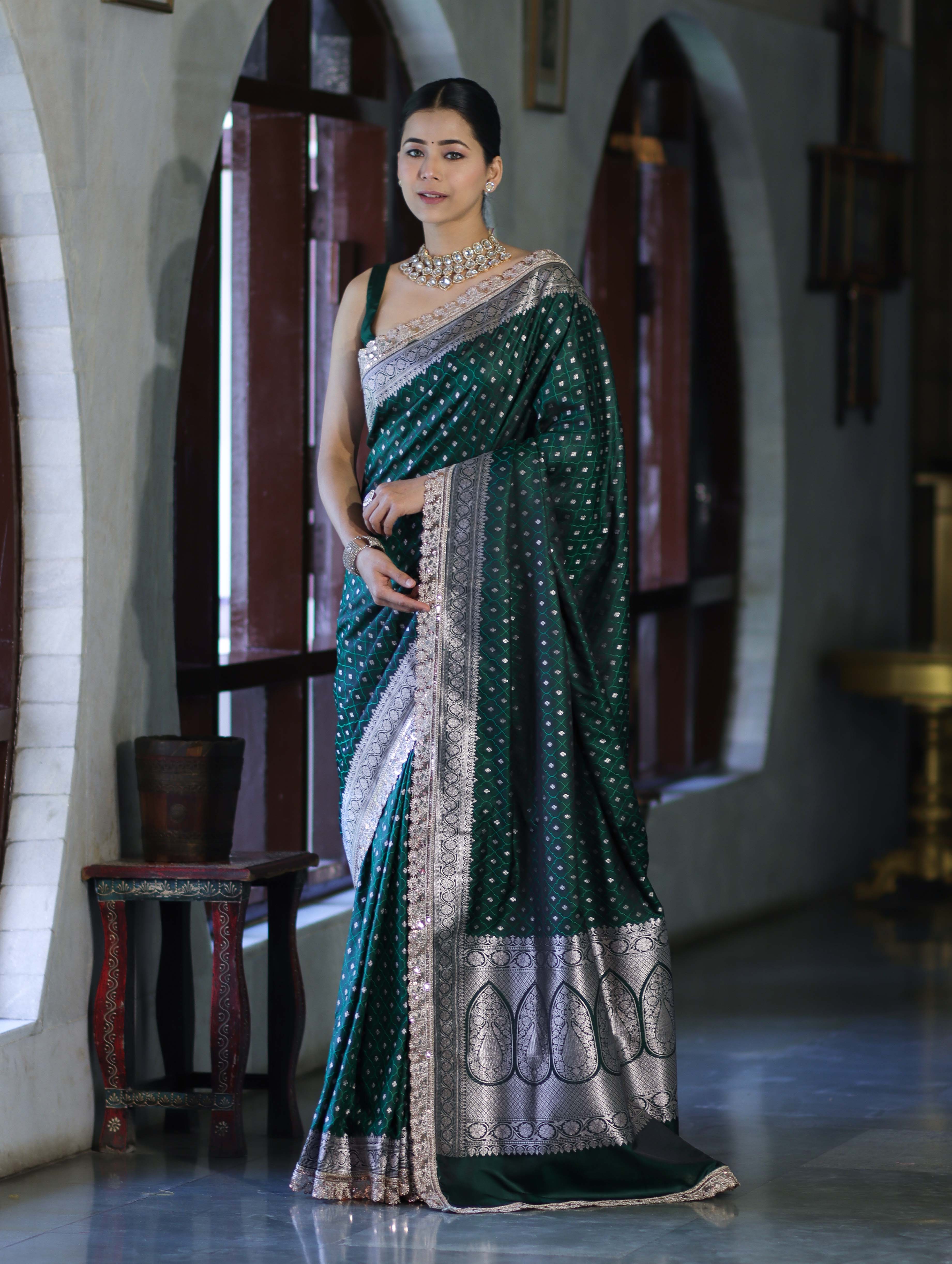 Banarasee Handloom Mashru Silk Saree With Zari Buti Design & Lace Border-Deep Green
