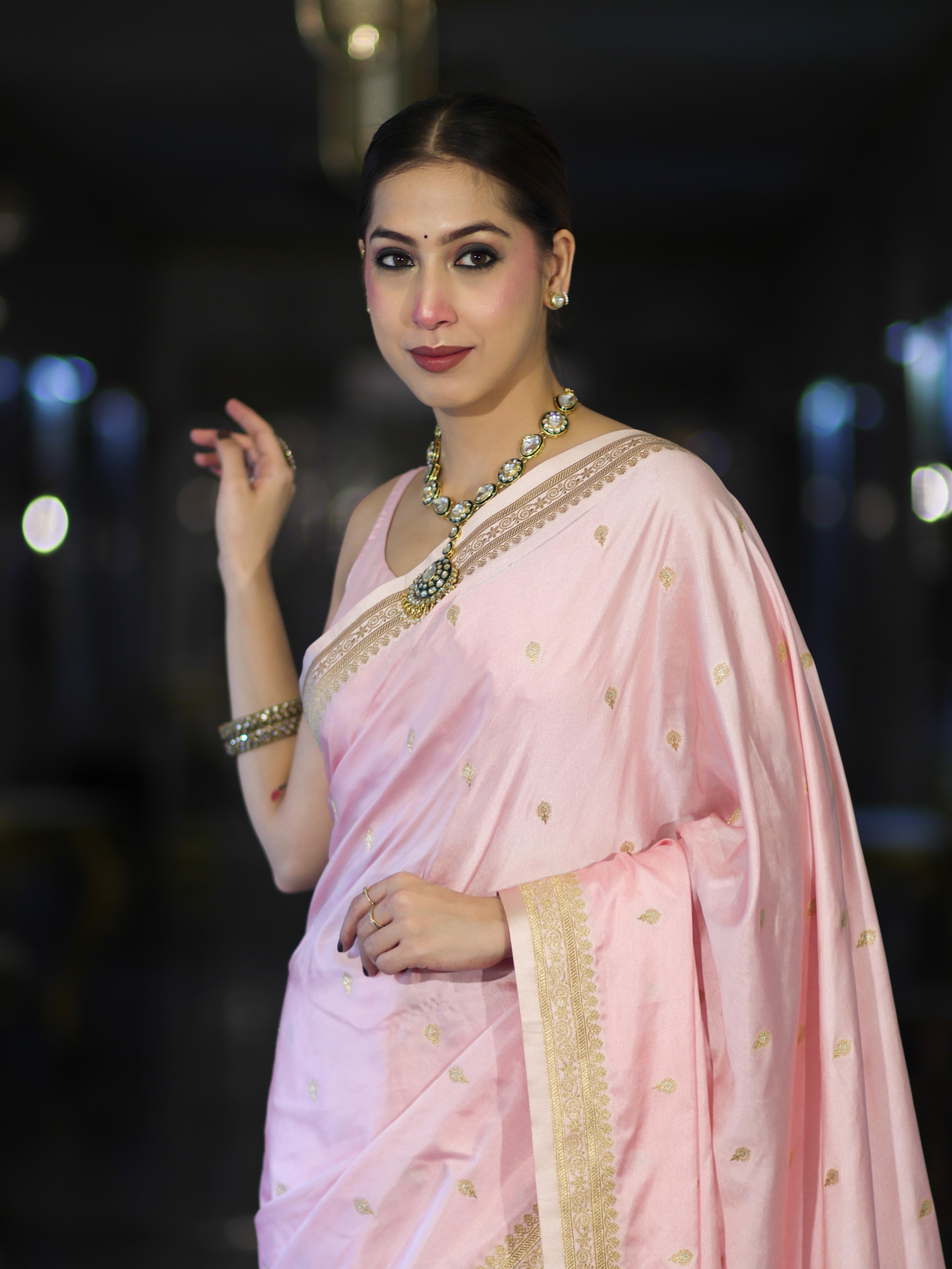 Banarasee Mashru Silk Saree With Zari Motifs & Floral Border-Light Pink