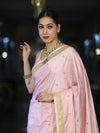 Banarasee Mashru Silk Saree With Zari Motifs & Floral Border-Light Pink