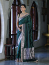 Banarasee Handloom Mashru Silk Saree With Zari Buti Design & Lace Border-Deep Green