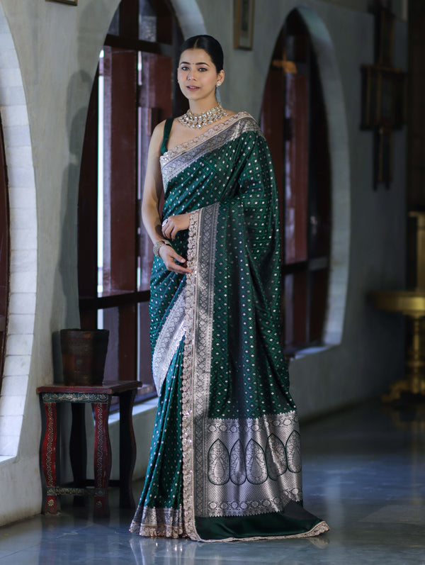 Banarasee Handloom Mashru Silk Saree With Zari Buti Design & Lace Border-Deep Green