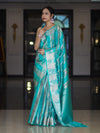 Banarasee Handloom Semi Silk Saree With Zari Woven Design & Border-Aqua Green