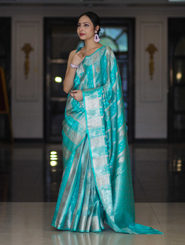 Banarasee Handloom Semi Silk Saree With Zari Woven Design & Border-Aqua Green