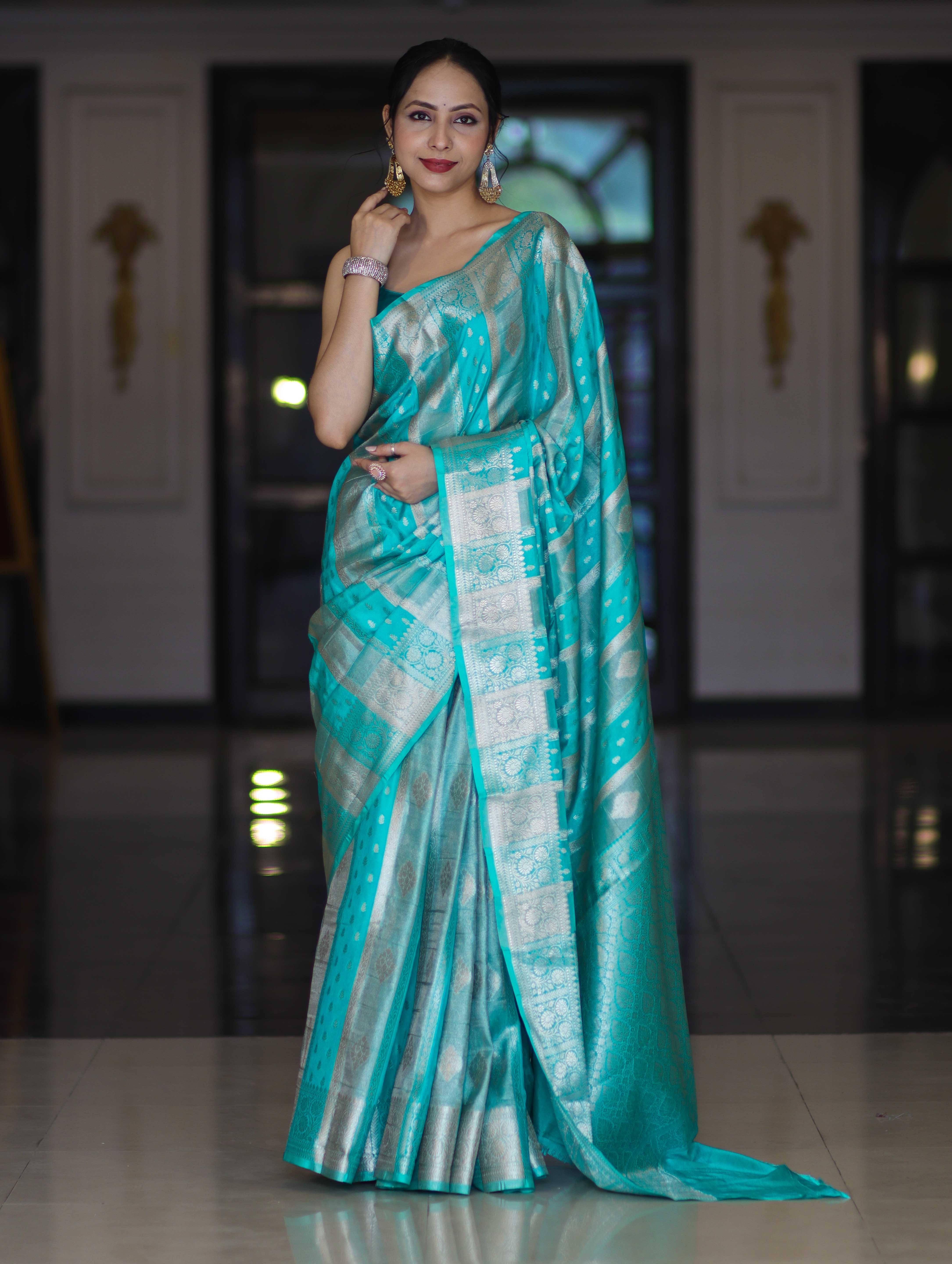 Banarasee Handloom Semi Silk Saree With Zari Woven Design & Border-Aqua Green