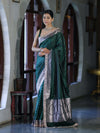 Banarasee Handloom Mashru Silk Saree With Zari Buti Design & Lace Border-Deep Green