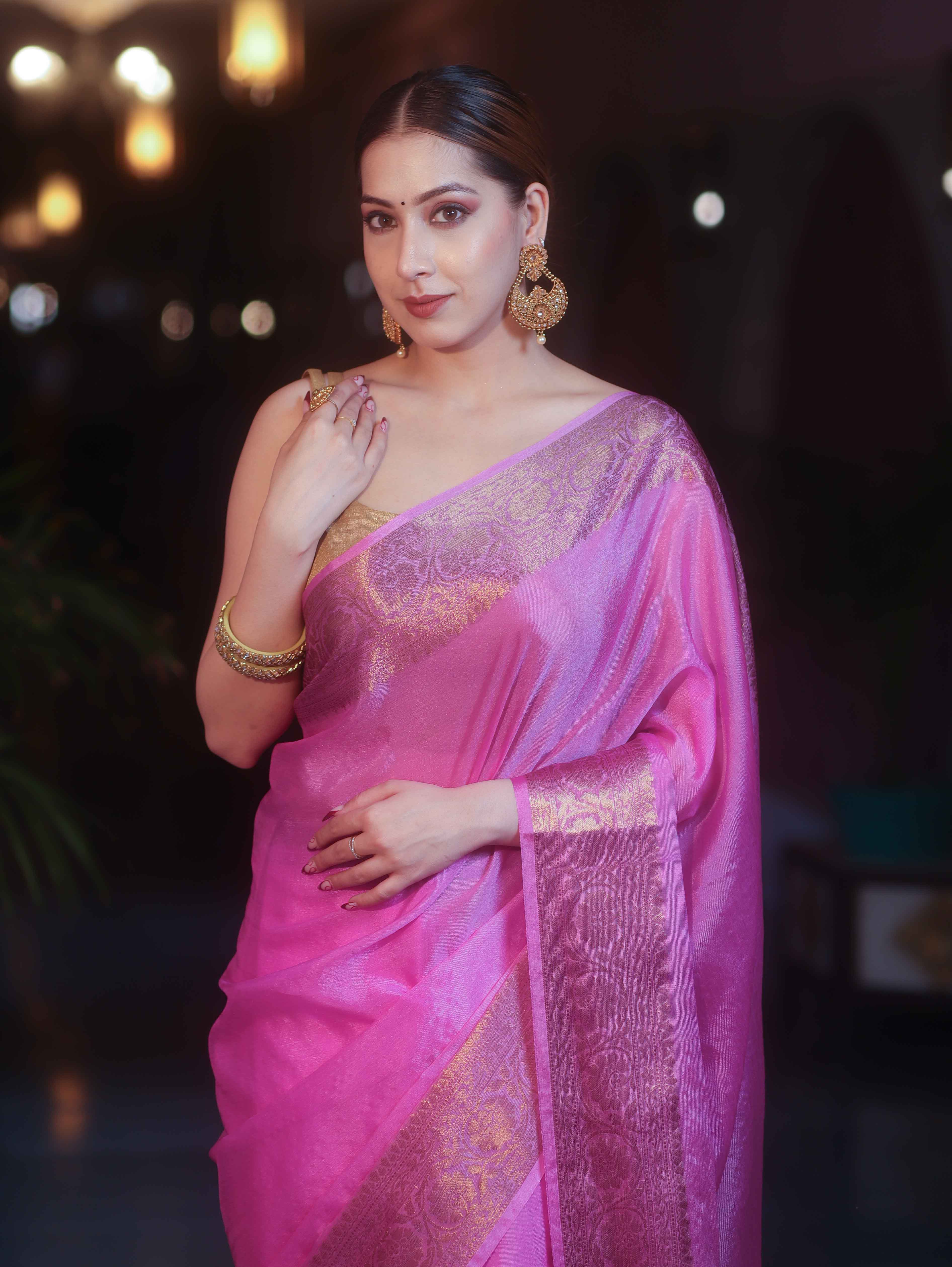 Banarasee Handwoven Semi Silk Plain Saree With Antique Zari Border-Pink