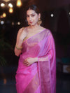 Banarasee Handwoven Semi Silk Plain Saree With Antique Zari Border-Pink