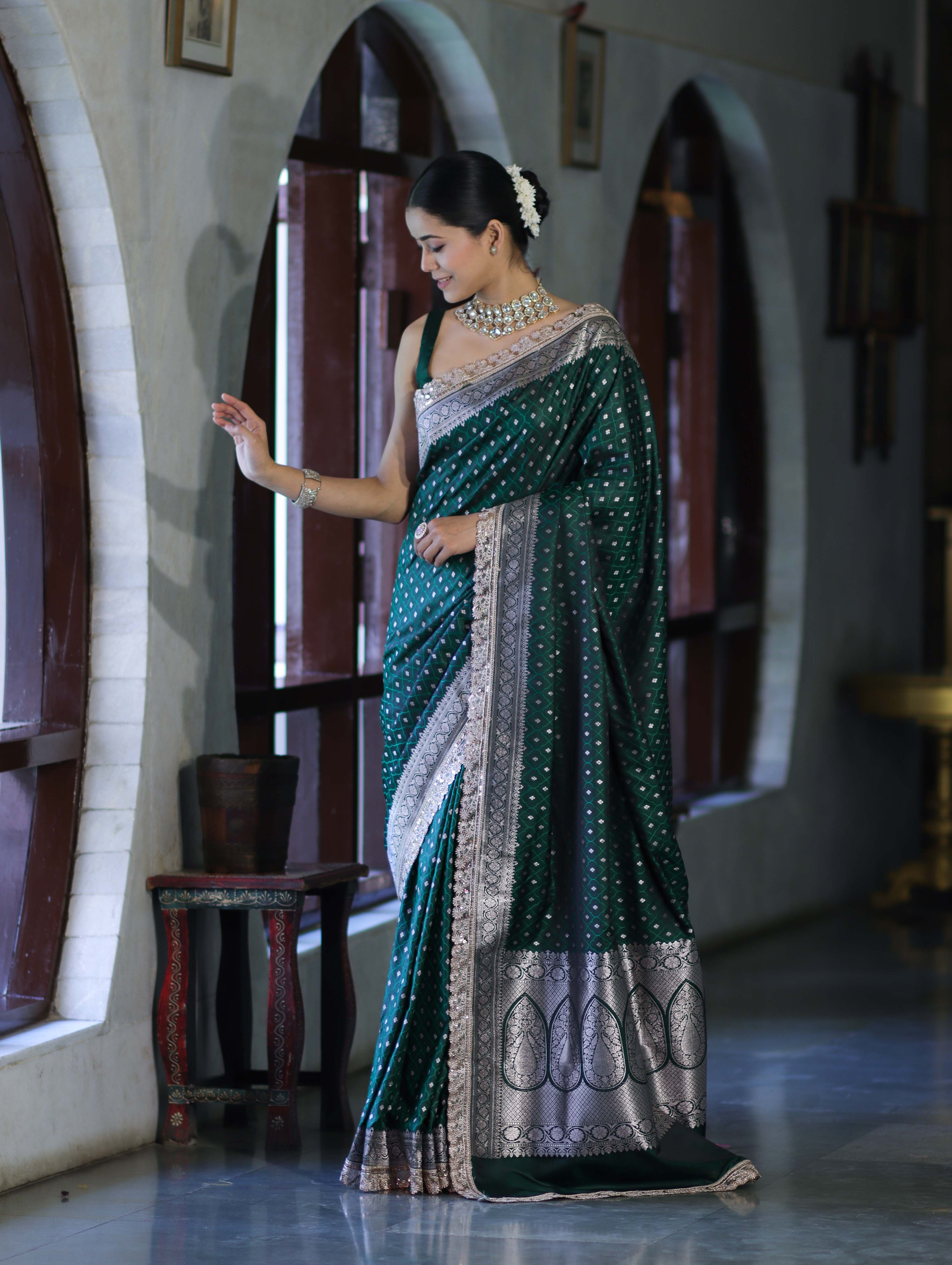 Banarasee Handloom Mashru Silk Saree With Zari Buti Design & Lace Border-Deep Green