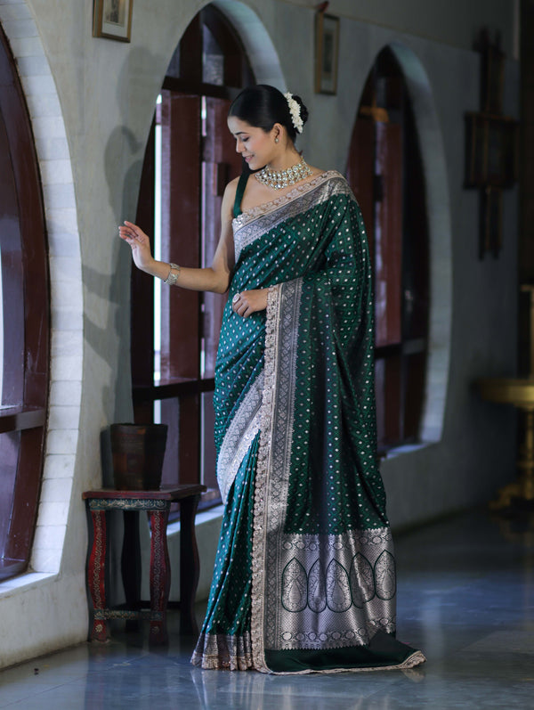 Banarasee Handloom Mashru Silk Saree With Zari Buti Design & Lace Border-Deep Green