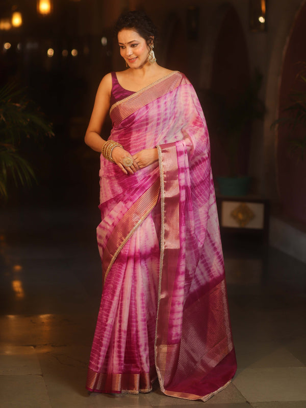 Banarasee Handwoven Semi Silk Shibori Dye Saree With Zari Border-Magenta & White