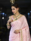 Banarasee Mashru Silk Saree With Zari Motifs & Floral Border-Light Pink