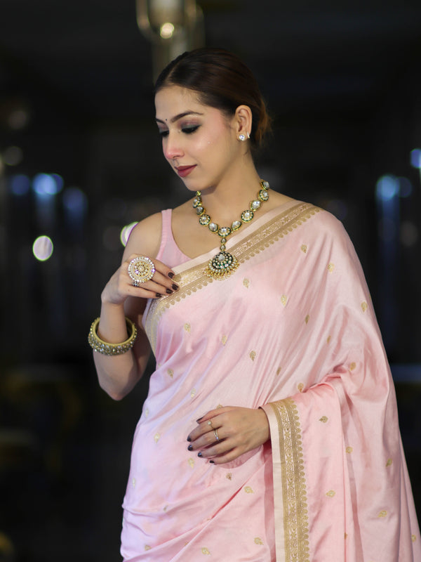 Banarasee Mashru Silk Saree With Zari Motifs & Floral Border-Light Pink