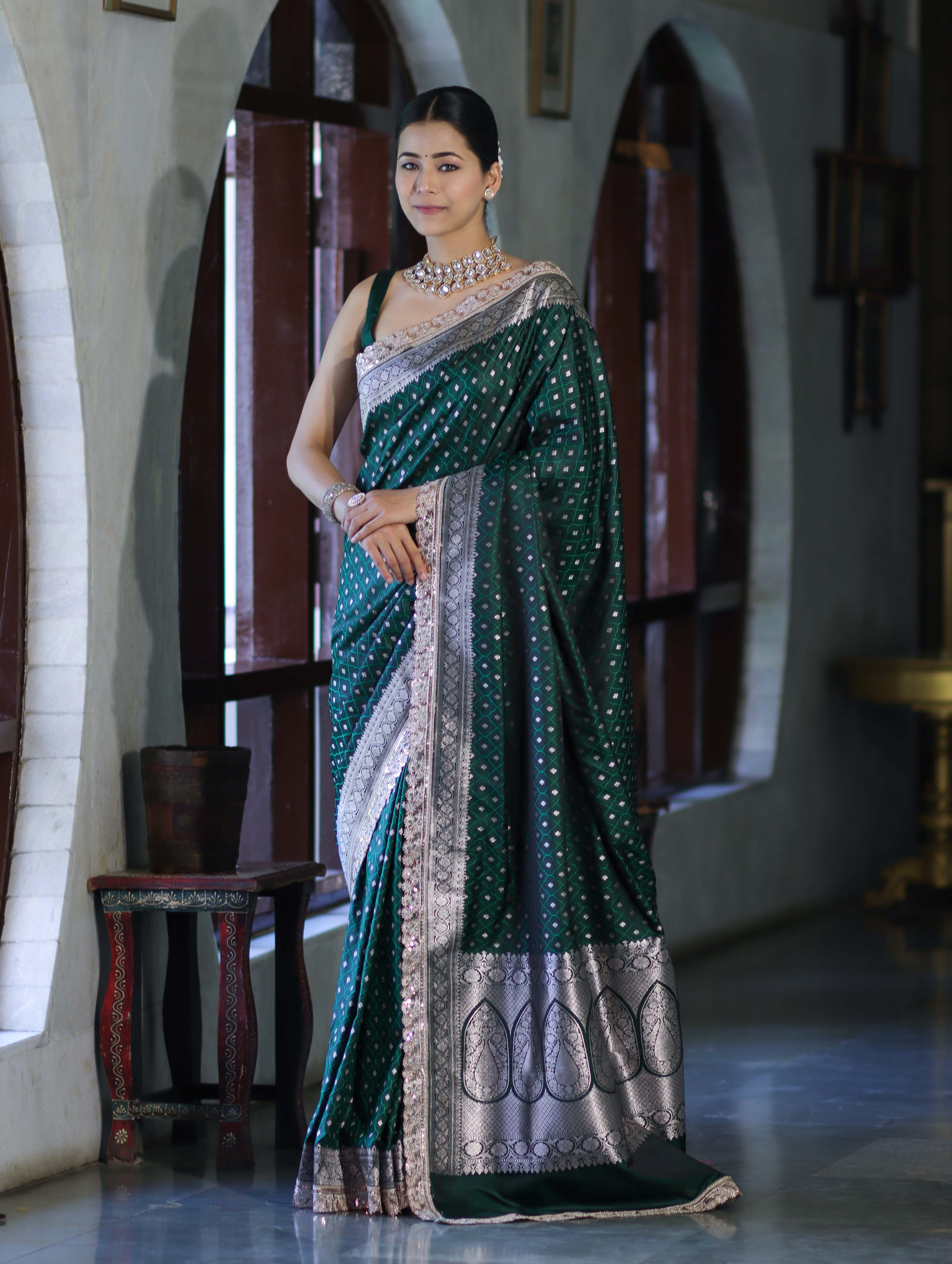 Banarasee Handloom Mashru Silk Saree With Zari Buti Design & Lace Border-Deep Green