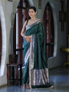 Banarasee Handloom Mashru Silk Saree With Zari Buti Design & Lace Border-Deep Green