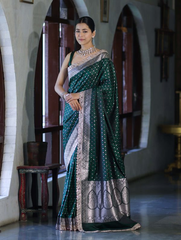 Banarasee Handloom Mashru Silk Saree With Zari Buti Design & Lace Border-Deep Green