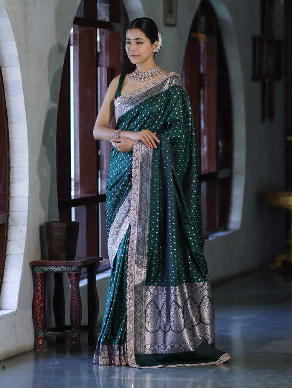 Banarasee Handloom Mashru Silk Saree With Zari Buti Design & Lace Border-Deep Green