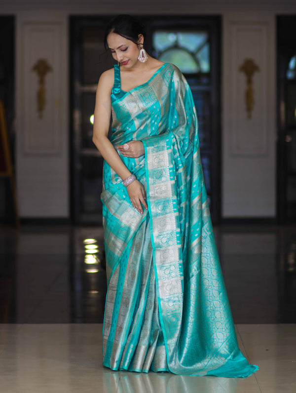 Banarasee Handloom Semi Silk Saree With Zari Woven Design & Border-Aqua Green