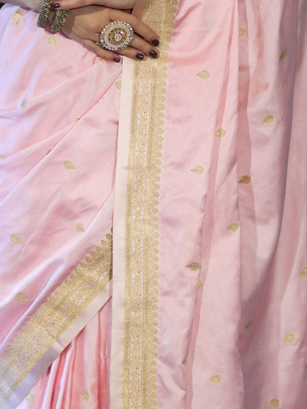 Banarasee Mashru Silk Saree With Zari Motifs & Floral Border-Light Pink