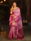 Banarasee Handwoven Semi Silk Shibori Dye Saree With Zari Border-Magenta & White