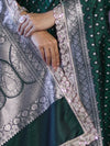 Banarasee Handloom Mashru Silk Saree With Zari Buti Design & Lace Border-Deep Green