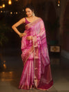 Banarasee Handwoven Semi Silk Shibori Dye Saree With Zari Border-Magenta & White