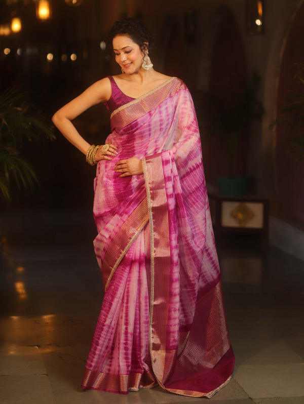 Banarasee Handwoven Semi Silk Shibori Dye Saree With Zari Border-Magenta & White