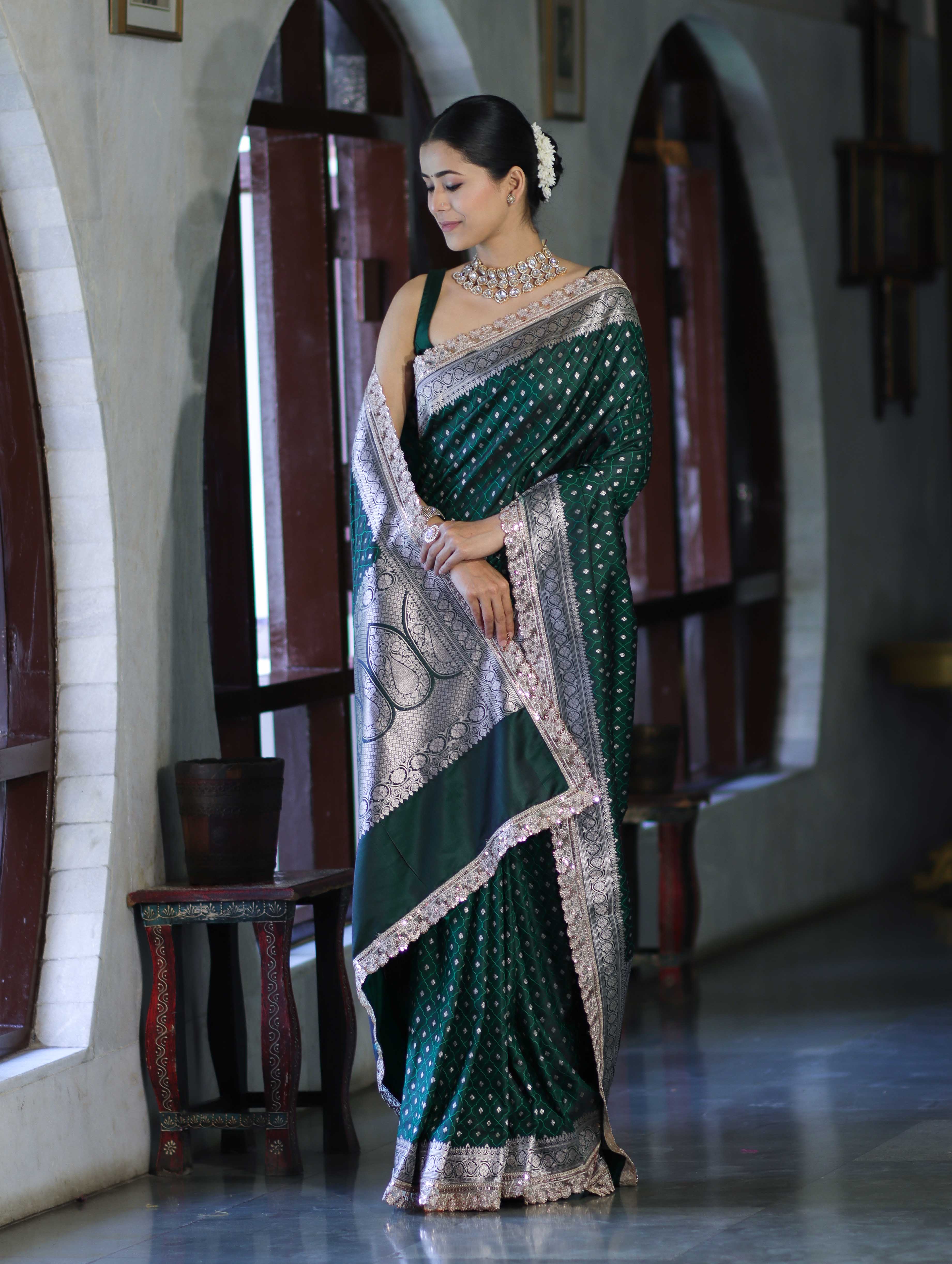 Banarasee Handloom Mashru Silk Saree With Zari Buti Design & Lace Border-Deep Green