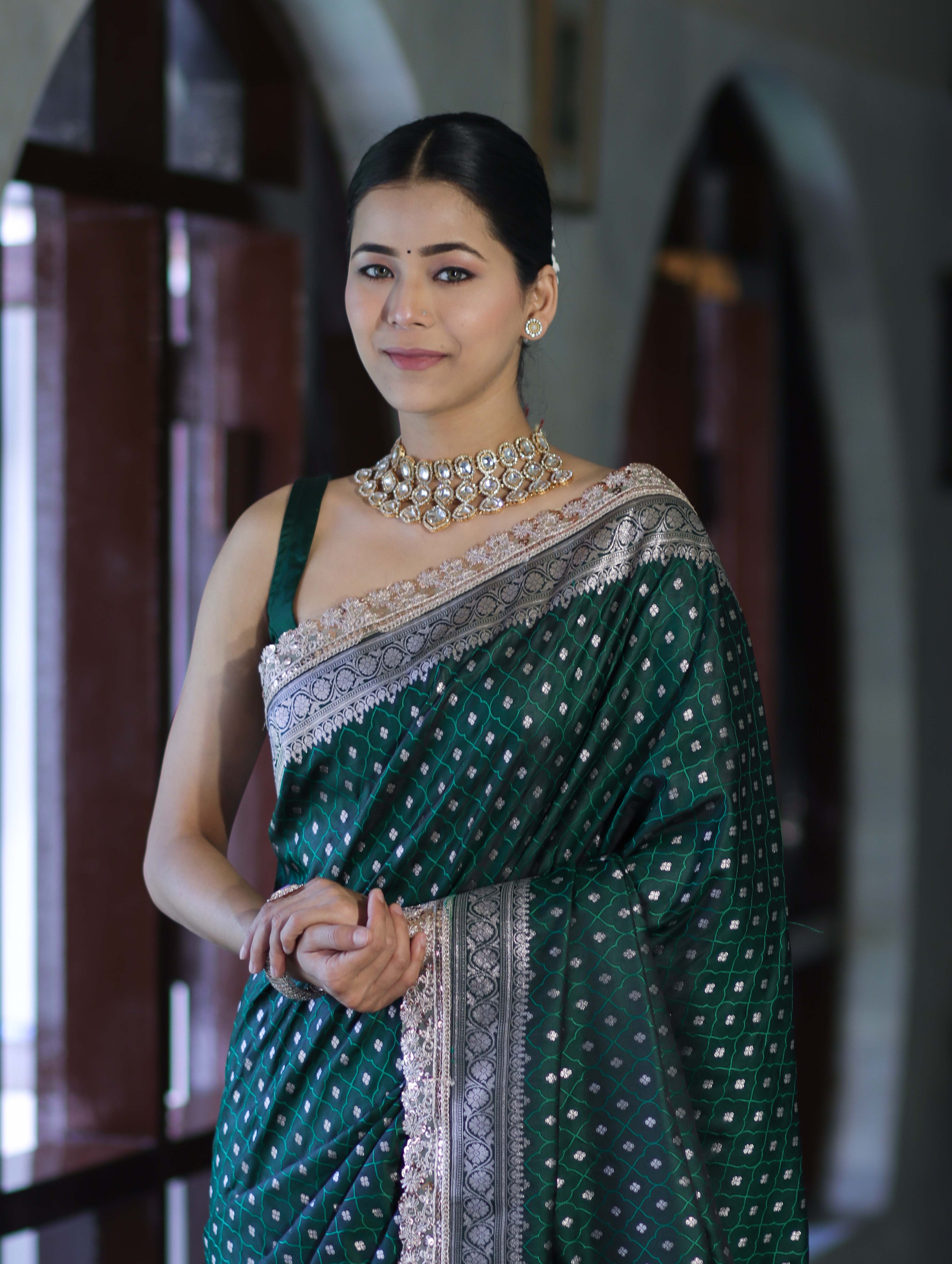 Banarasee Handloom Mashru Silk Saree With Zari Buti Design & Lace Border-Deep Green