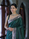 Banarasee Handloom Mashru Silk Saree With Zari Buti Design & Lace Border-Deep Green