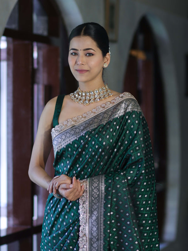 Banarasee Handloom Mashru Silk Saree With Zari Buti Design & Lace Border-Deep Green