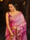Banarasee Handwoven Semi Silk Shibori Dye Saree With Zari Border-Magenta & White