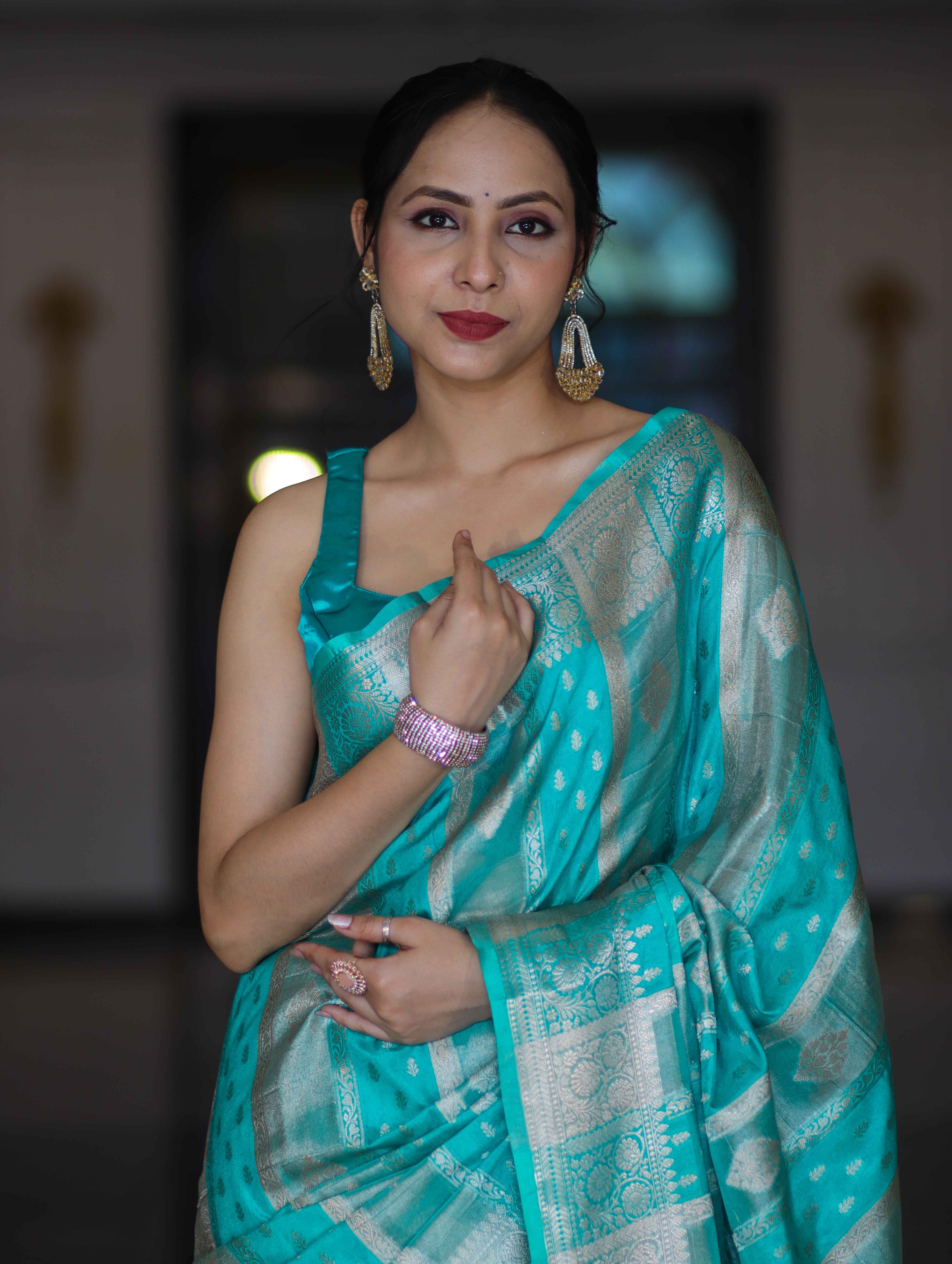 Banarasee Handloom Semi Silk Saree With Zari Woven Design & Border-Aqua Green