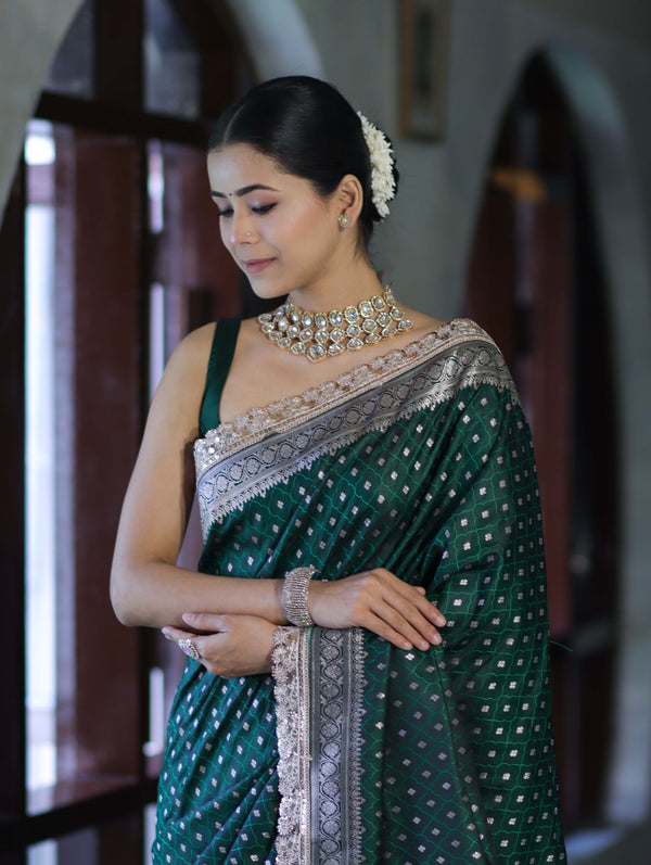Banarasee Handloom Mashru Silk Saree With Zari Buti Design & Lace Border-Deep Green