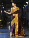 Banarasee Handloom Semi Silk Saree With Checks Pattern & Contrast Border-Wine & Mustard Yellow