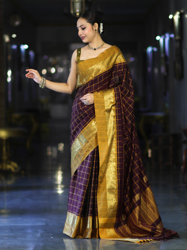 Banarasee Handloom Semi Silk Saree With Checks Pattern & Contrast Border-Wine & Mustard Yellow
