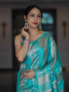 Banarasee Handloom Semi Silk Saree With Zari Woven Design & Border-Aqua Green