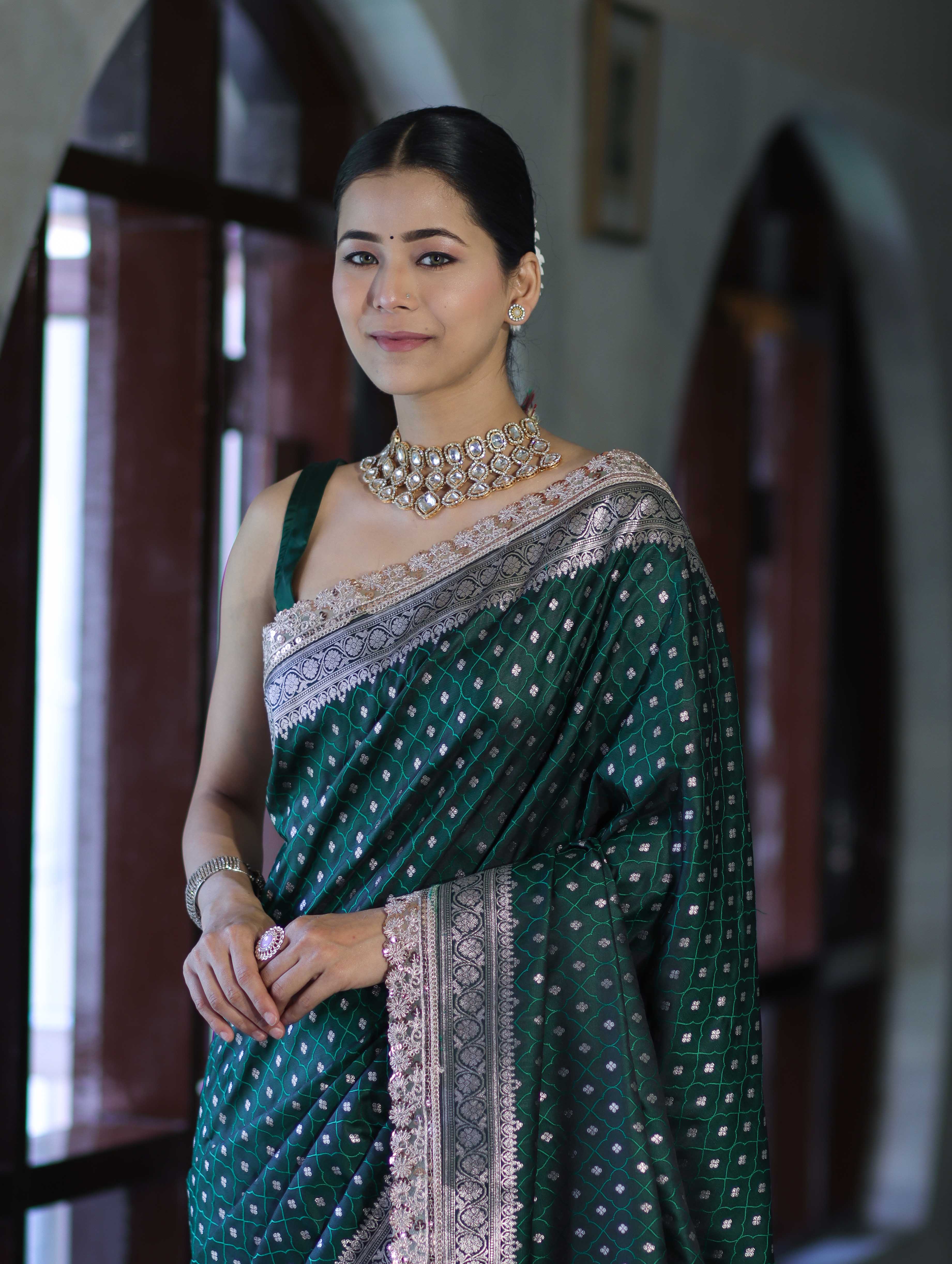 Banarasee Handloom Mashru Silk Saree With Zari Buti Design & Lace Border-Deep Green